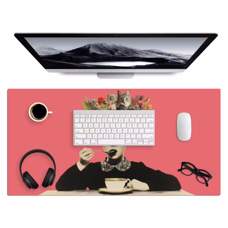 Meisje - Kopje - Bloemen - Roze Muismat XXL klein -3d