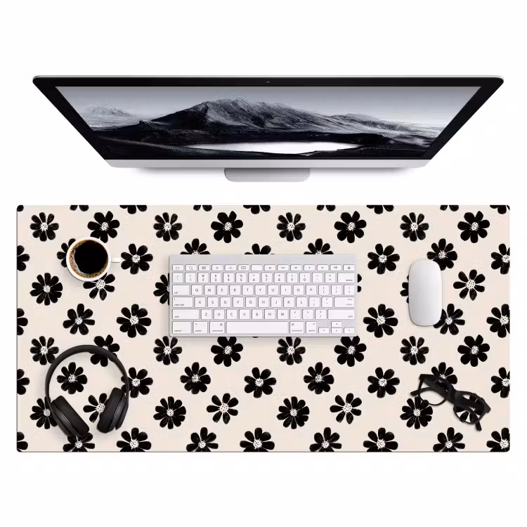 Grafisch - Madeliefjes - Zwart - Beige Muismat XXL klein 681 -3d