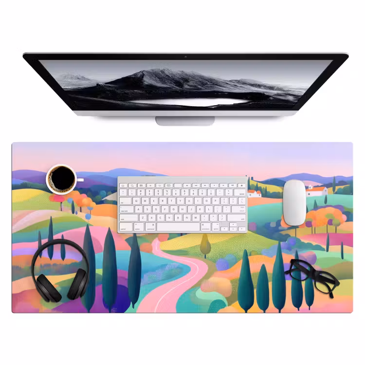 Landschap - Paars - Pastel - Huizen Muismat XXL klein -3d