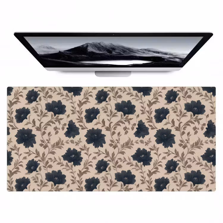 Motief - Bloemen - Zwart - Beige Muismat XXL klein 681 -zzz3d