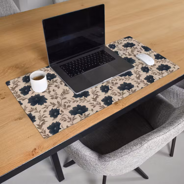 Motief - Bloemen - Zwart - Beige Muismat XXL klein 681 -sfeer1
