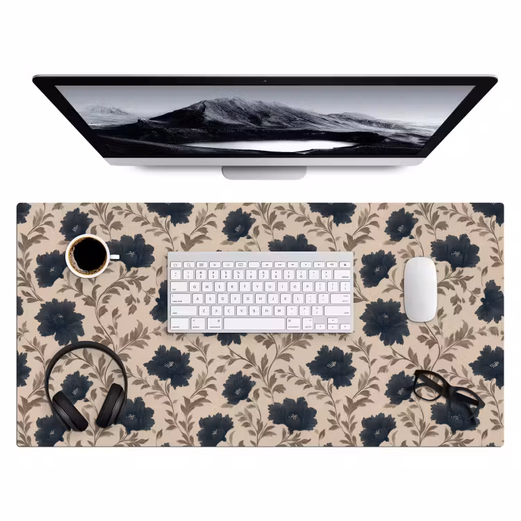 Motief - Bloemen - Zwart - Beige Muismat XXL klein 681 -3d