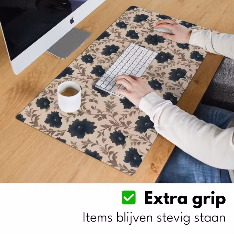 Motief - Bloemen - Zwart - Beige Muismat XXL klein 681 -sfeer3