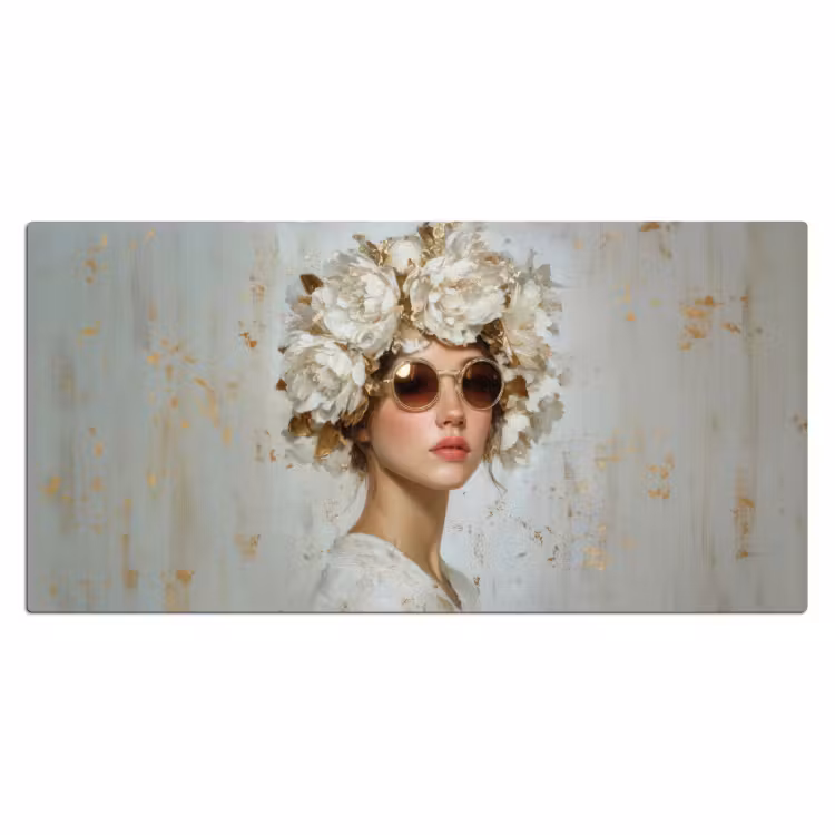 Schilderij - Vrouw - Zonnebril - Bloemenkrans Muismat XXL klein -3d_leeg