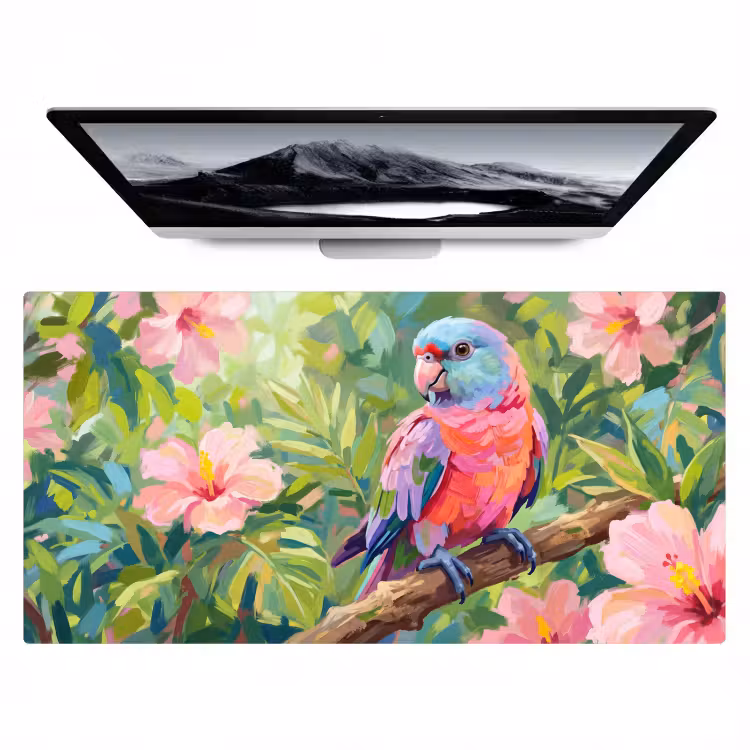 Papagaai - Hibiscusbloemen - Kleurrijk Muismat XXL klein -zzz3d