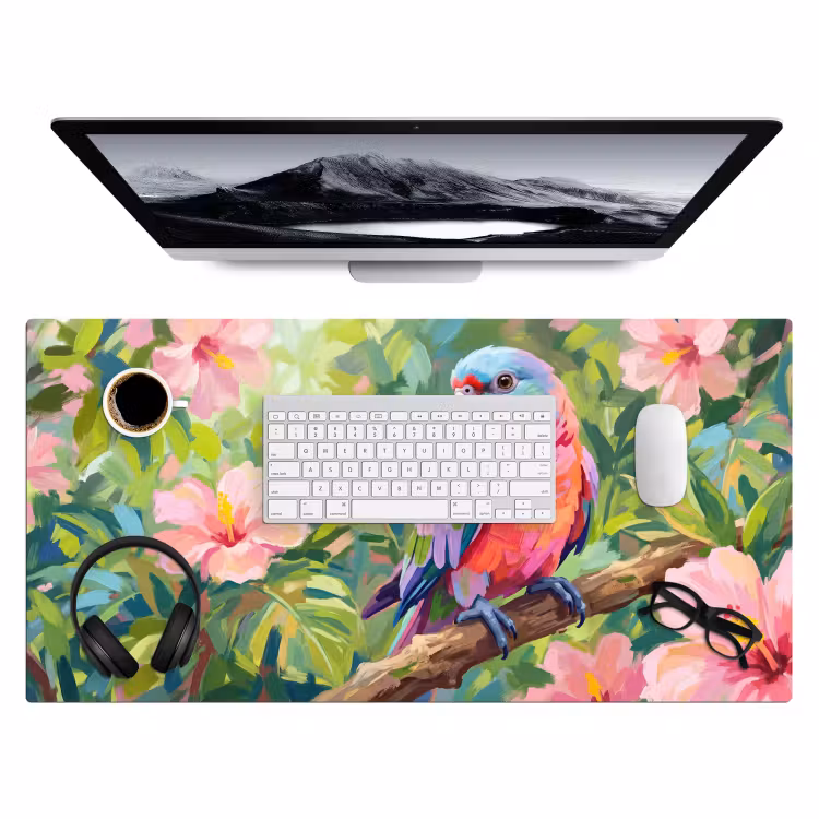 Papagaai - Hibiscusbloemen - Kleurrijk Muismat XXL klein -3d