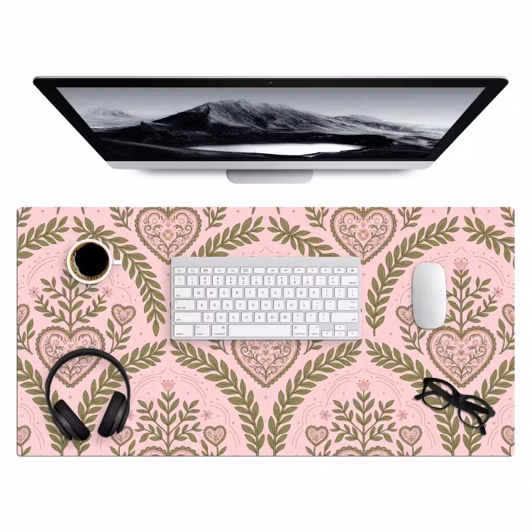 Patroon - Hart - Bloemen - Folkloristisch - Roze Muismat XXL klein -3d