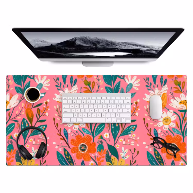 Roze - Bloemen - Wit - Oranje Muismat XXL klein -3d