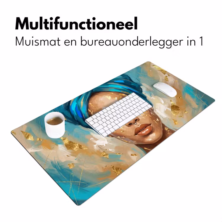 Portret - Vrouw - Schilderij - Blauw - Goud - Expressief Muismat XXL klein -sfeer4