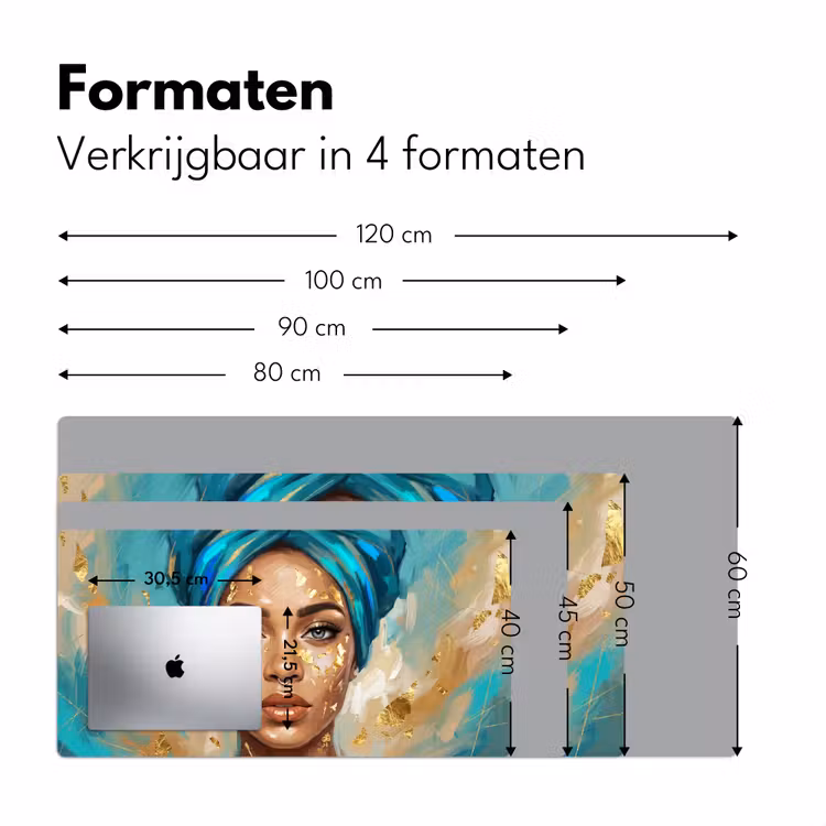 Portret - Vrouw - Schilderij - Blauw - Goud - Expressief Muismat XXL klein -sfeer5