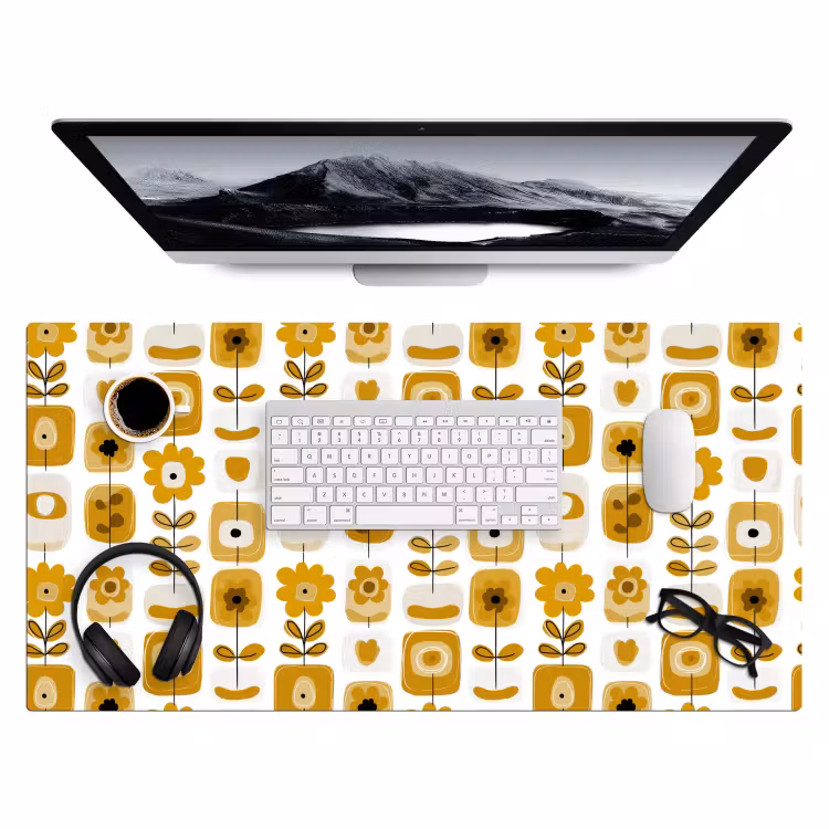 Retro - Abstract - Bloemen - Okergeel Muismat XXL klein 681 -3d