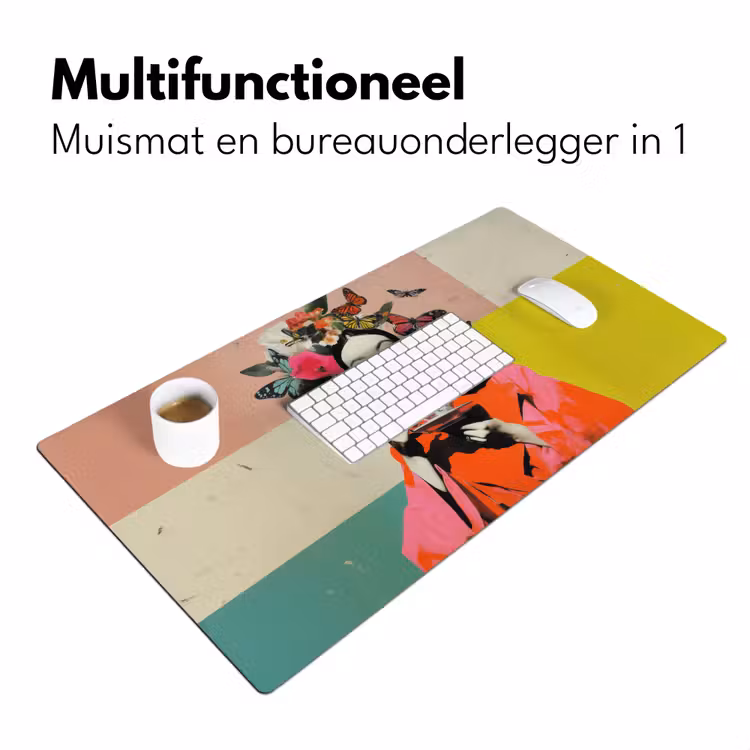 Retro - Vrouw - Kopje - Vlinders Muismat XXL klein -sfeer4