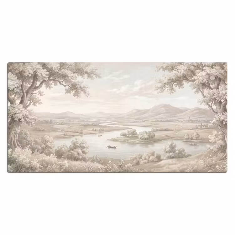 Rivierlandschap - Bergen - Natuur - Vintage - Beige Muismat XXL klein -3d_leeg