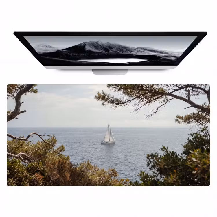Desk Mat - Sailboat - trees - water - Zeilboot - bomen - water Muismat XXL klein