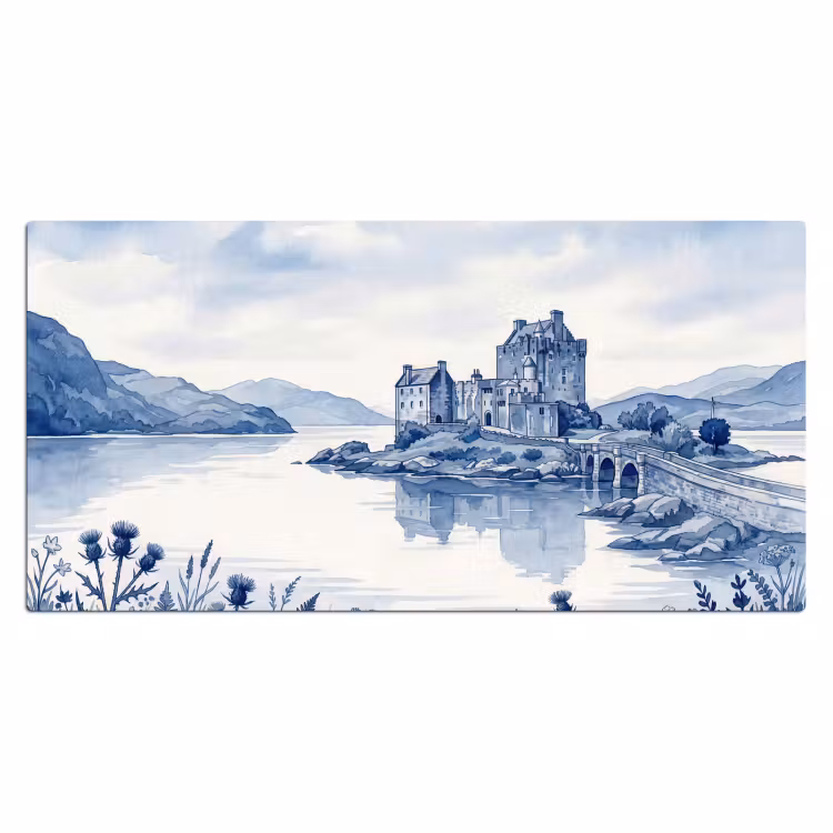 Schots - Kasteel - Blauw - Aquarel Muismat XXL klein -3d_leeg