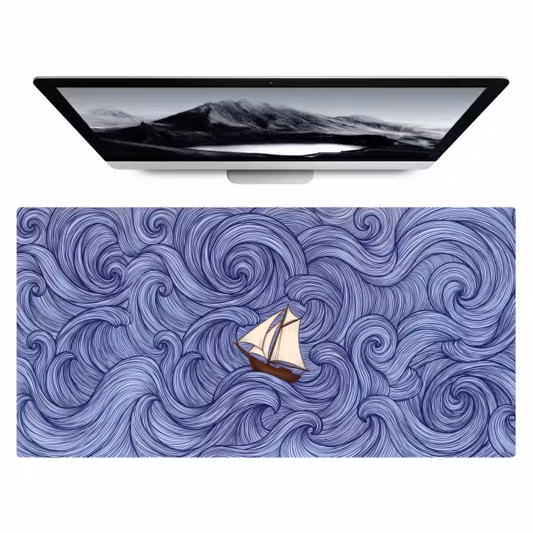 Schip - Golven - Zee - Illustratie - Blauw Muismat XXL klein -zzz3d