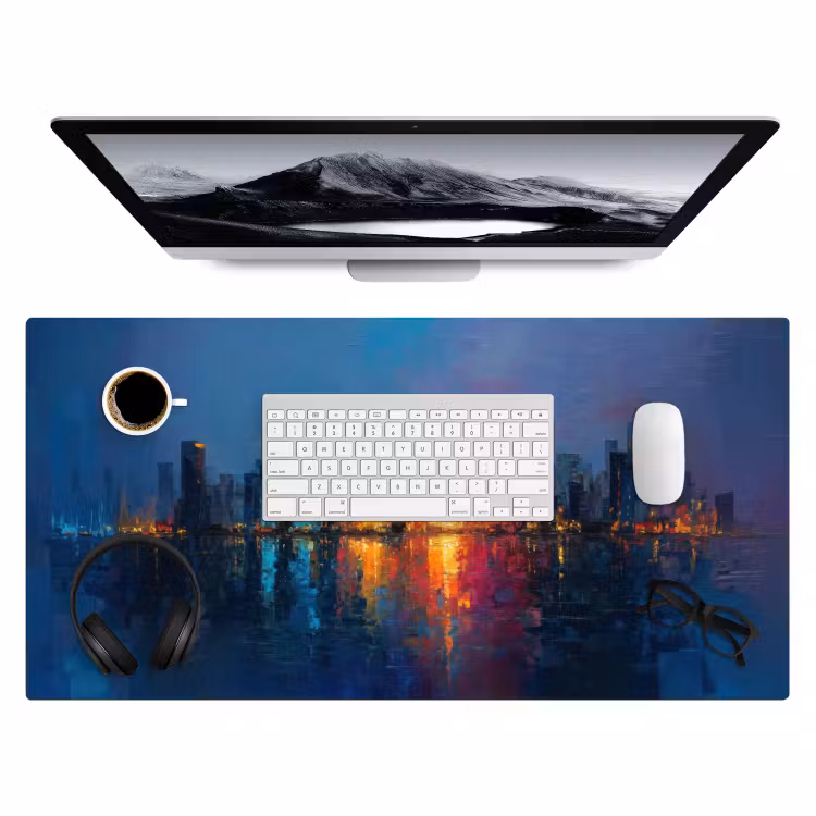 Skyline - Penseelstreken - Donkerblauw - Lichtgevend Muismat XXL klein -3d