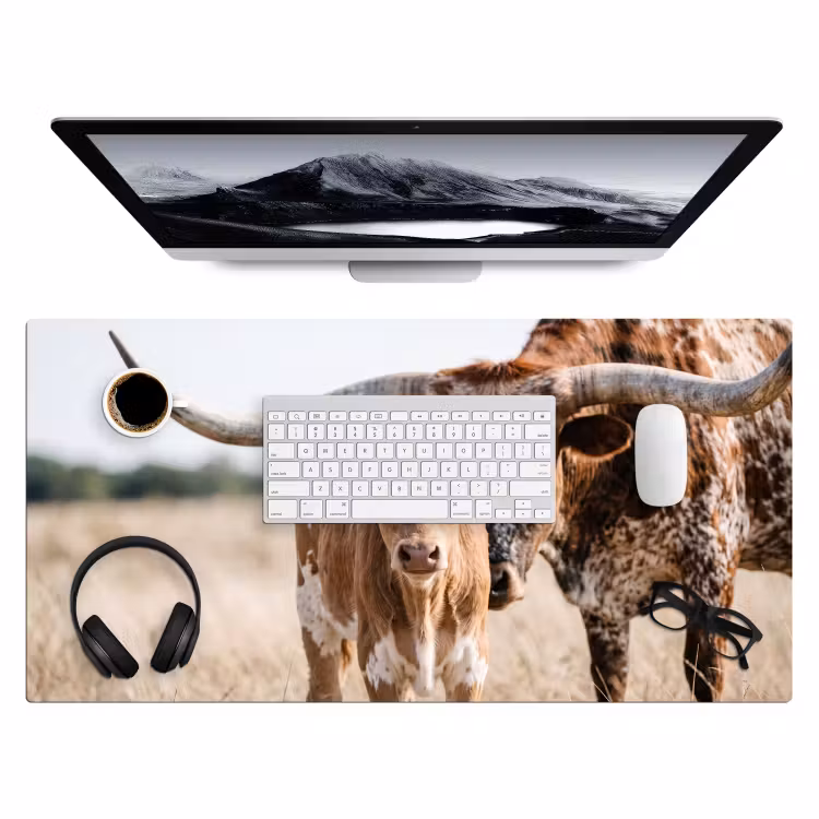 Texas Longhorn - Kalf - Weide - Dieren Muismat XXL klein -3d