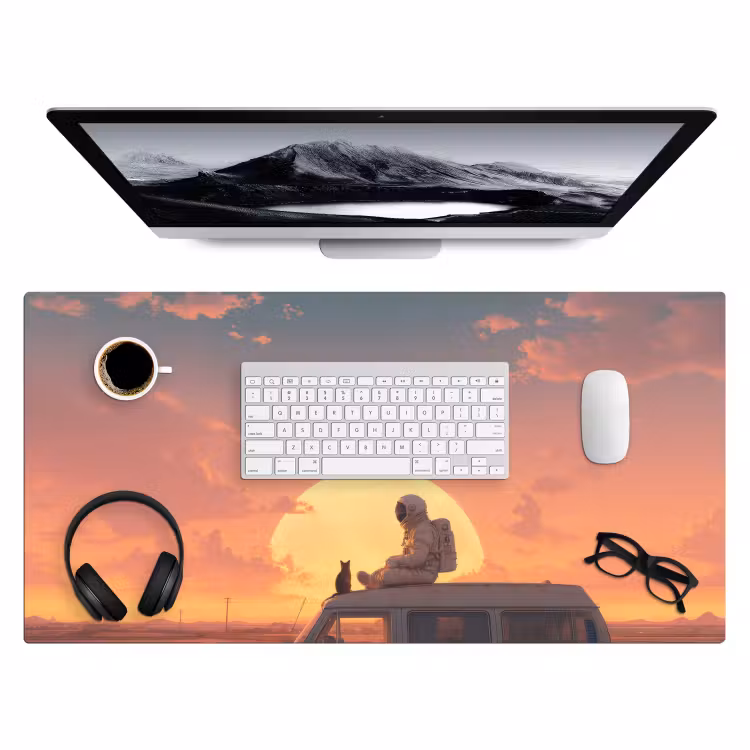 Busje - Kat - Zonsondergang - Oranje Muismat XXL klein -3d