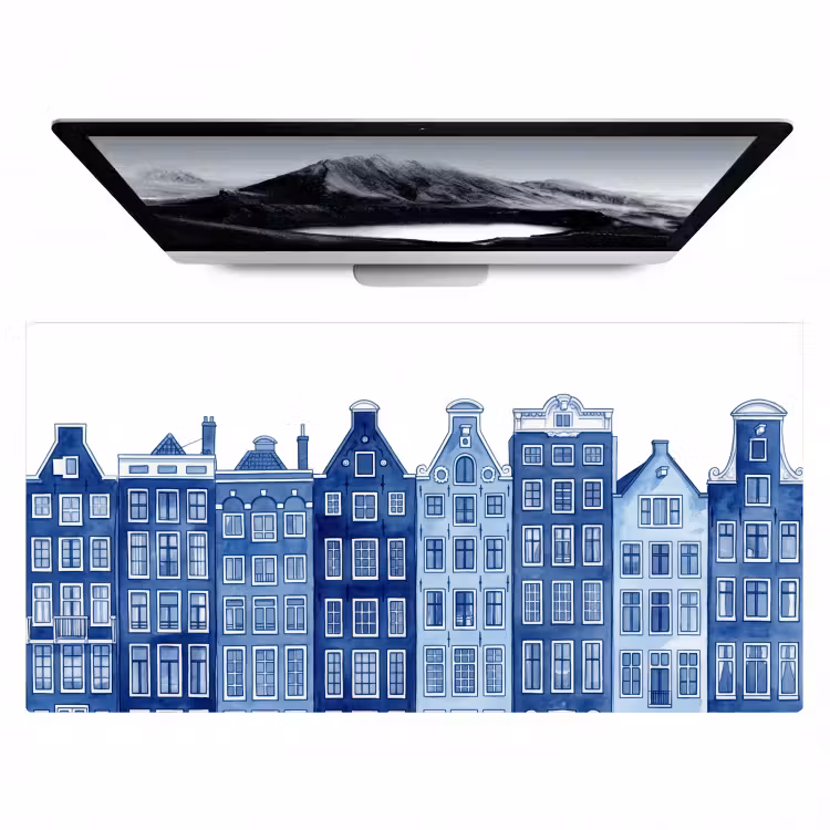 Aquarel - Grachtenpanden - Delfts - Blauw Muismat XXL klein -zzz3d