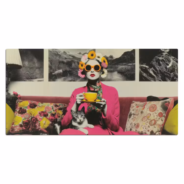 Vrouw - Kat - Bloemen - Kopje - Retro Muismat XXL klein -3d_leeg