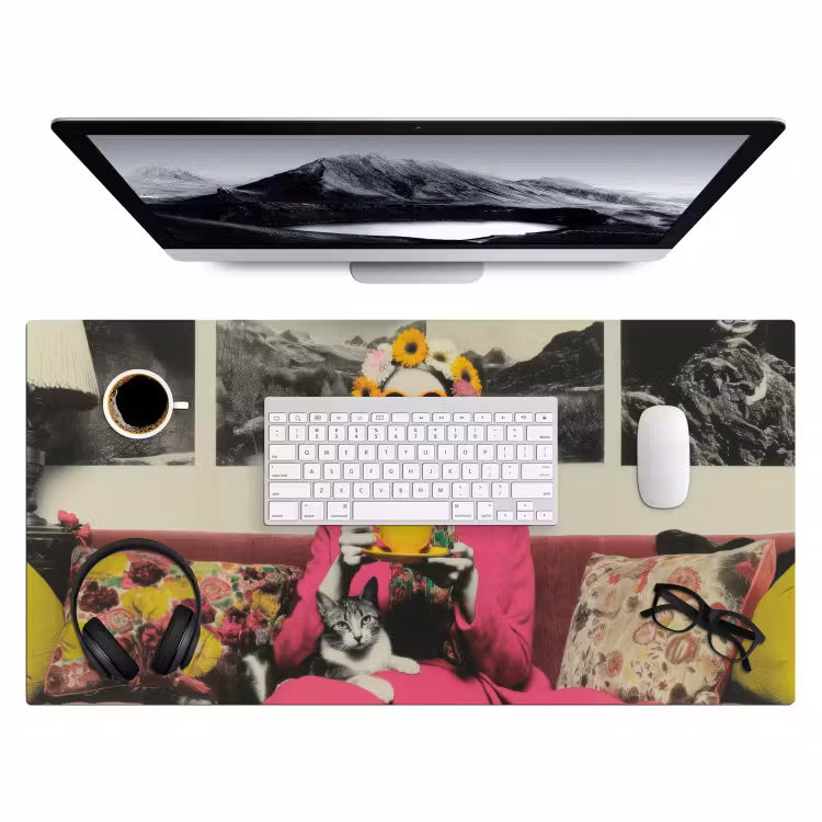 Vrouw - Kat - Bloemen - Kopje - Retro Muismat XXL klein -3d