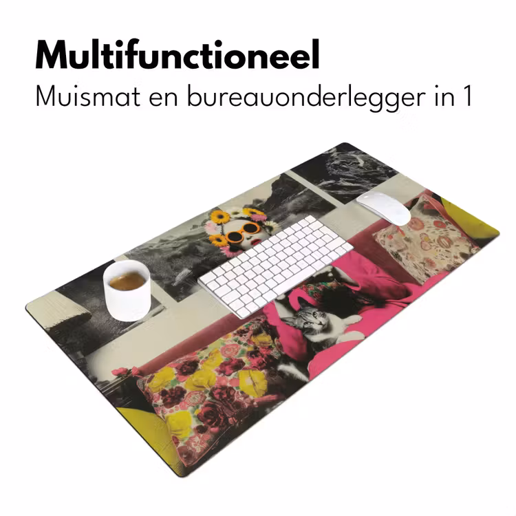 Vrouw - Kat - Bloemen - Kopje - Retro Muismat XXL klein -sfeer4