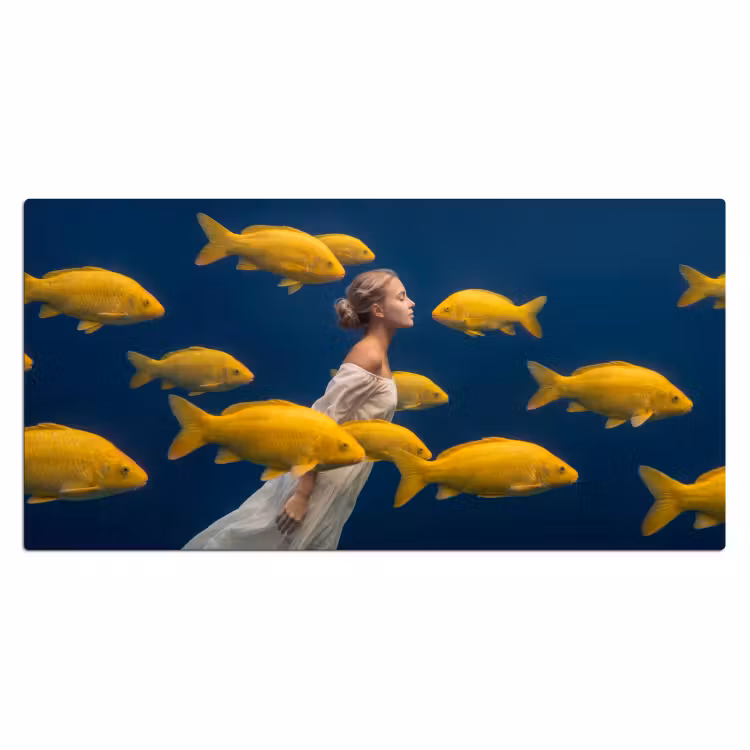 Vrouw - Vis - Water - Natuur - Geel Muismat XXL klein -3d_leeg