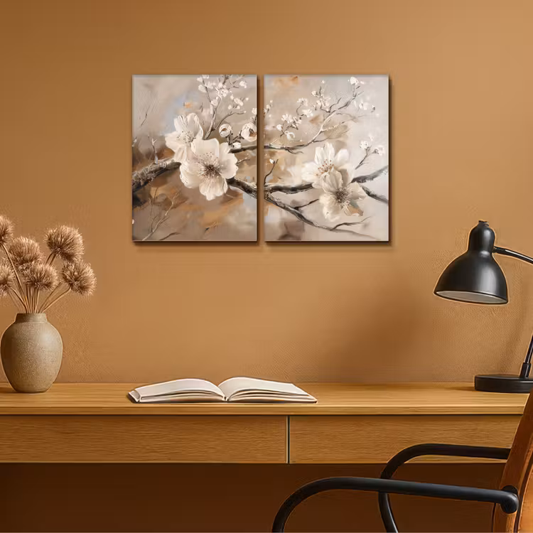 Bloesem - Beige - Abstract - Bloemen Canvas - Meerluiken 2 luik klein -sfeer5