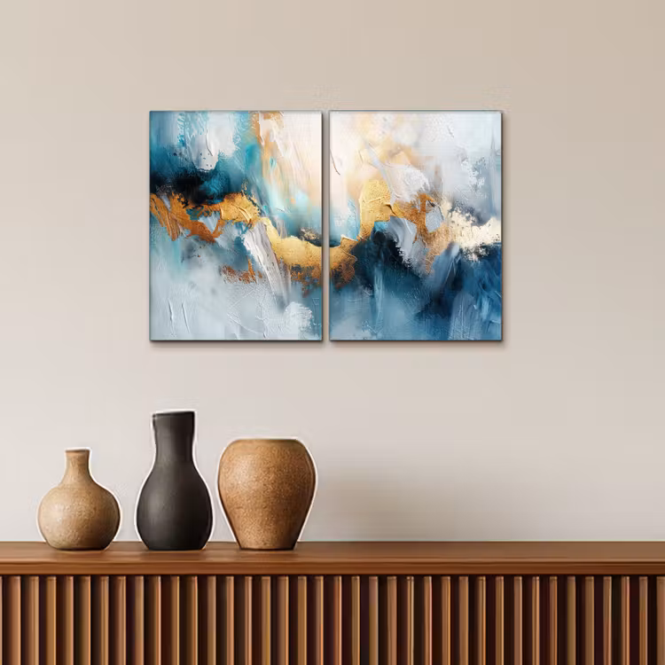 Blauw - Abstract - Wit - Goud - Verf Canvas - Meerluiken 2 luik klein -sfeer3