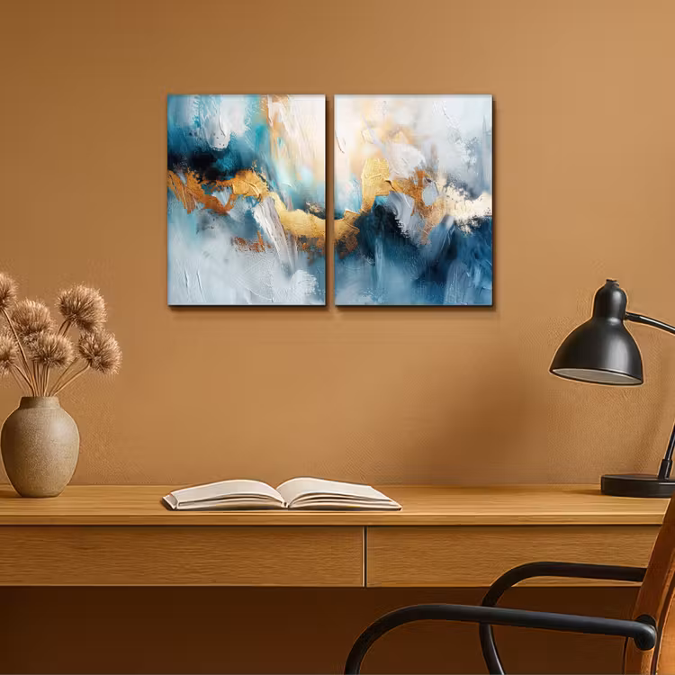 Blauw - Abstract - Wit - Goud - Verf Canvas - Meerluiken 2 luik klein -sfeer5
