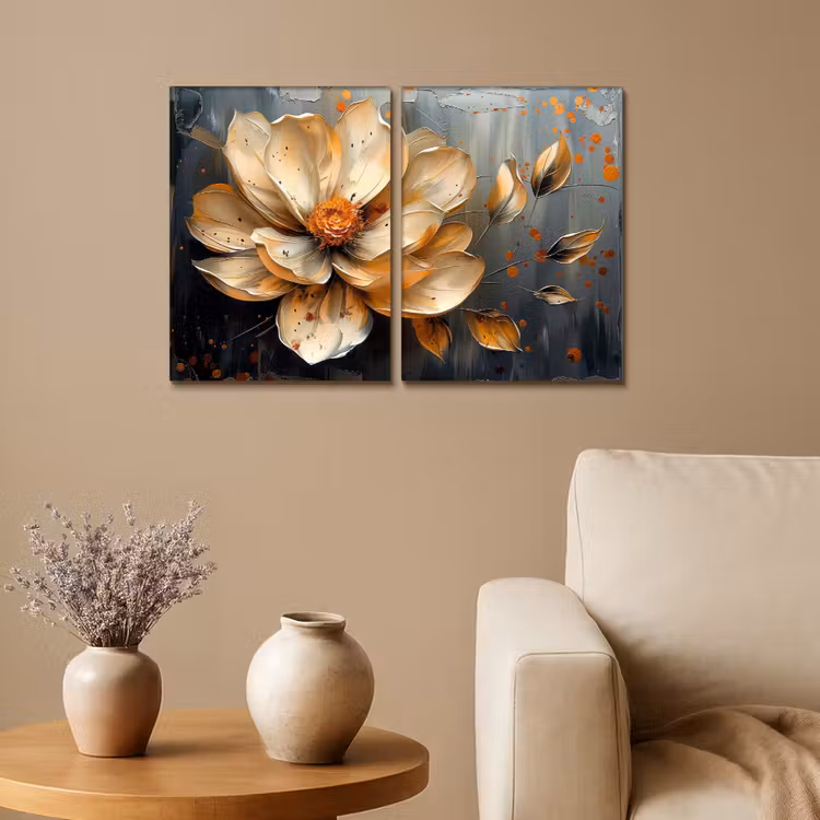 Bloem - Goud - Abstract - Verf Canvas - Meerluiken 2 luik klein -sfeer1