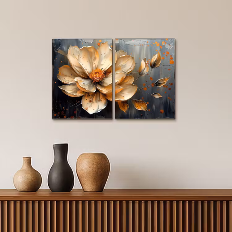 Bloem - Goud - Abstract - Verf Canvas - Meerluiken 2 luik klein -sfeer3