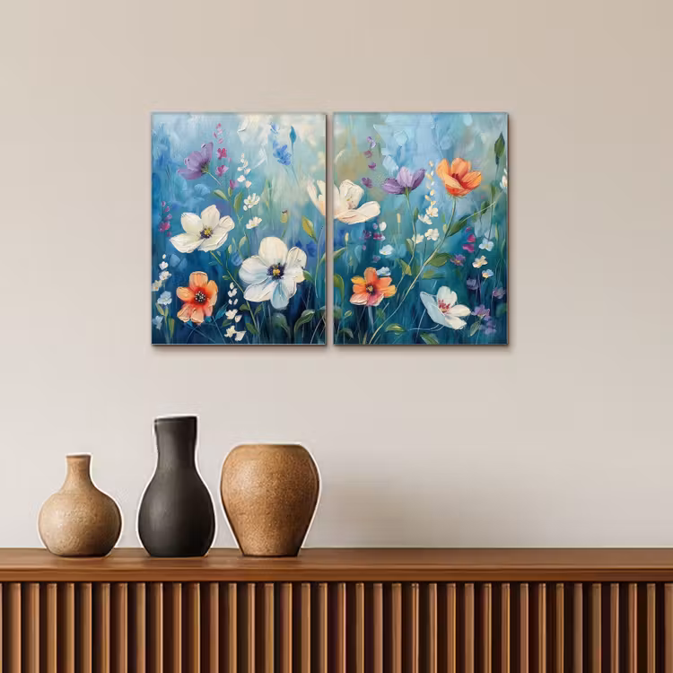 Bloemen - Kleurrijk - Blauw - Natuur Canvas - Meerluiken 2 luik klein -sfeer3