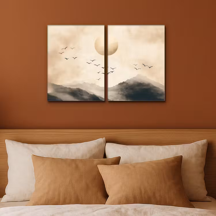 Landschap - Japandi - Beige - Vogels Canvas - Meerluiken 2 luik klein -sfeer2