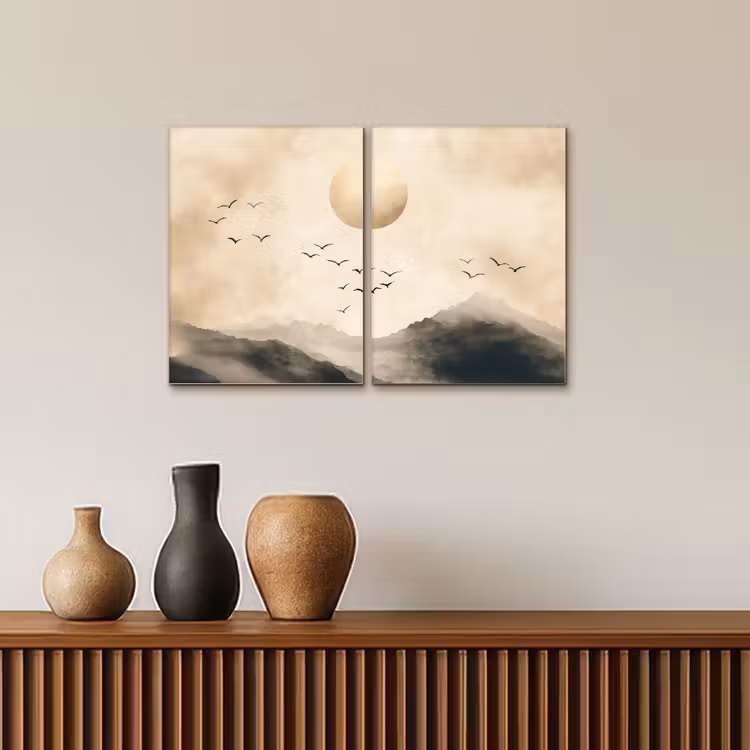 Landschap - Japandi - Beige - Vogels Canvas - Meerluiken 2 luik klein -sfeer3