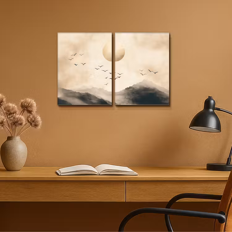 Landschap - Japandi - Beige - Vogels Canvas - Meerluiken 2 luik klein -sfeer5