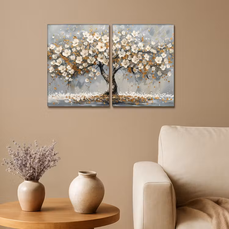 Boom - Abstract - Wit - Bloesem Canvas - Meerluiken 2 luik klein -sfeer1