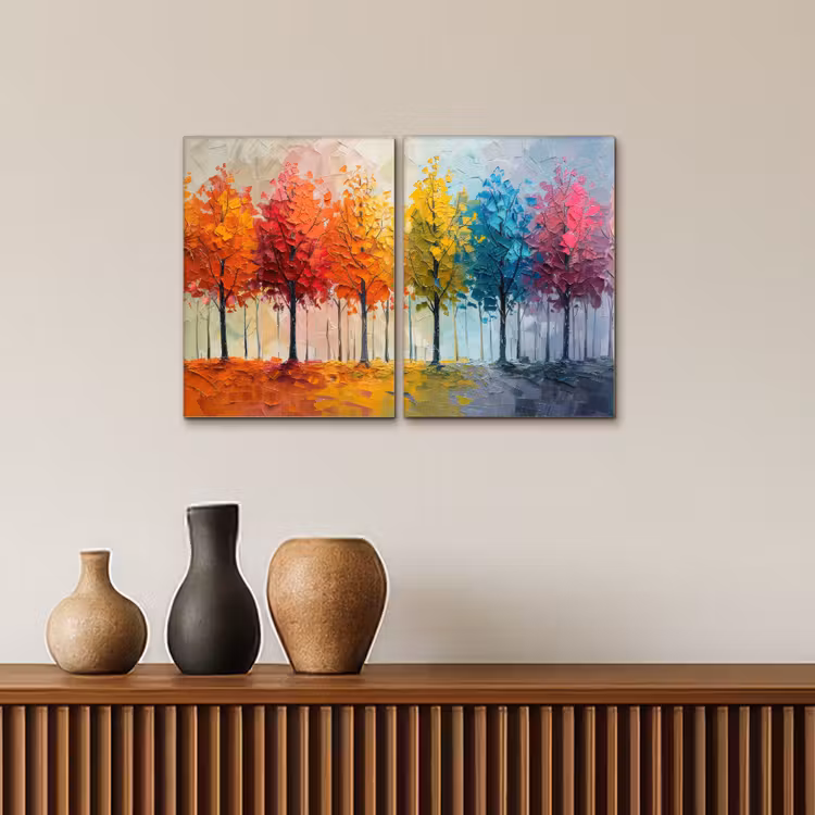 Bomen - Kleurrijk - Modern - Verflook Canvas - Meerluiken 2 luik klein -sfeer3