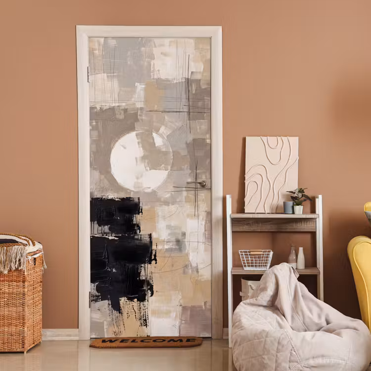 Abstract - Cirkel - Modern - Beige - Zwart - Minimalistisch deurposter klein -sfeer1