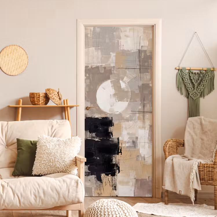 Abstract - Cirkel - Modern - Beige - Zwart - Minimalistisch deurposter klein -sfeer2