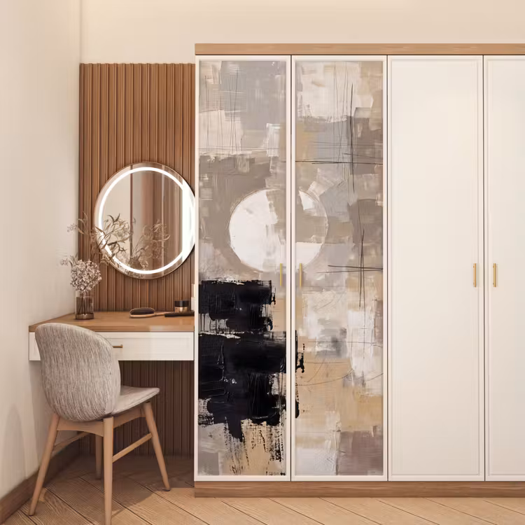 Abstract - Cirkel - Modern - Beige - Zwart - Minimalistisch deurposter klein -sfeer3