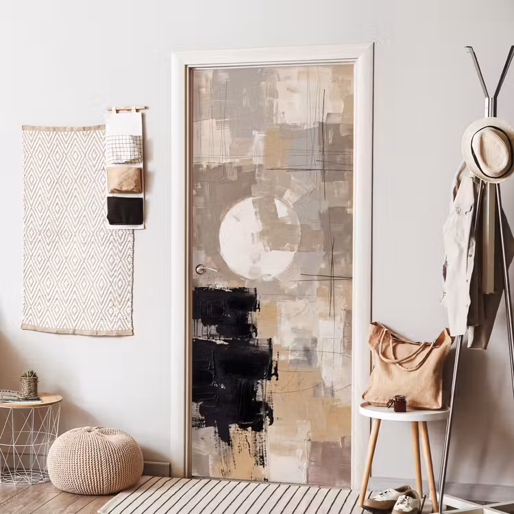 Abstract - Cirkel - Modern - Beige - Zwart - Minimalistisch deurposter klein -sfeer6