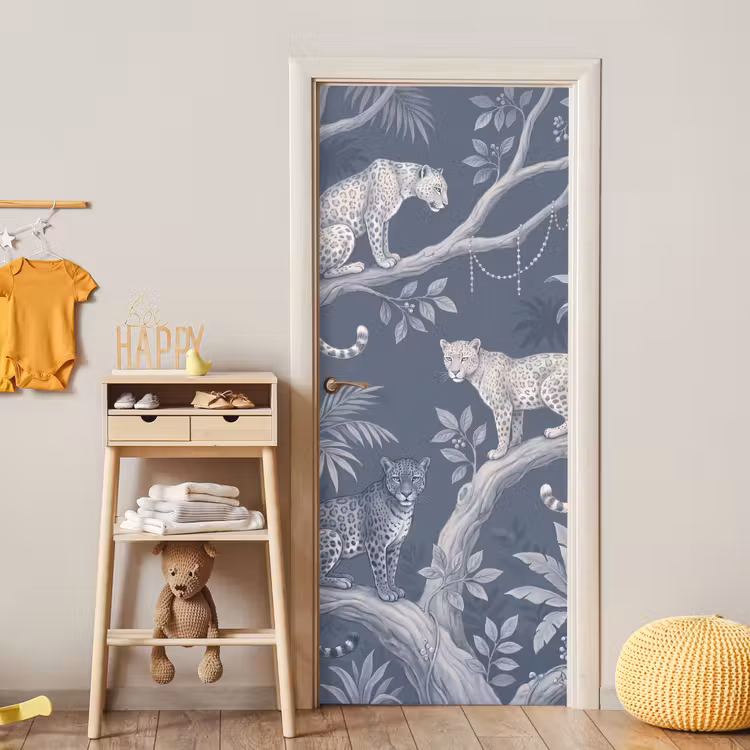 Dieren - Jungle - Illustratie - Bomen - Blauw deurposter klein -sfeer4