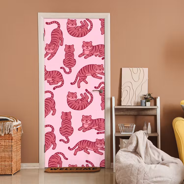 Dieren - Patroon - Roze - Speels - Cartoon deurposter klein -sfeer1
