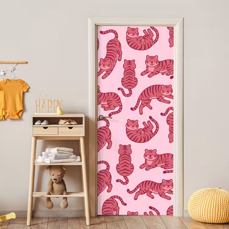 Dieren - Patroon - Roze - Speels - Cartoon deurposter klein -sfeer4
