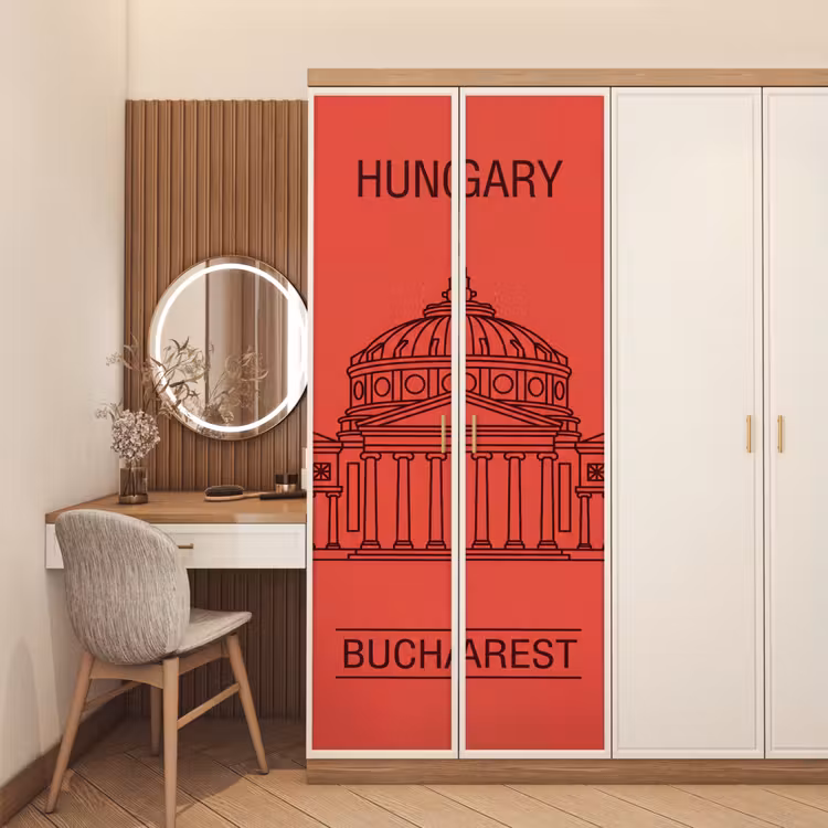 Architectuur - Boekarest - Stedelijk - Lijntekening - Rood deurposter klein -sfeer3