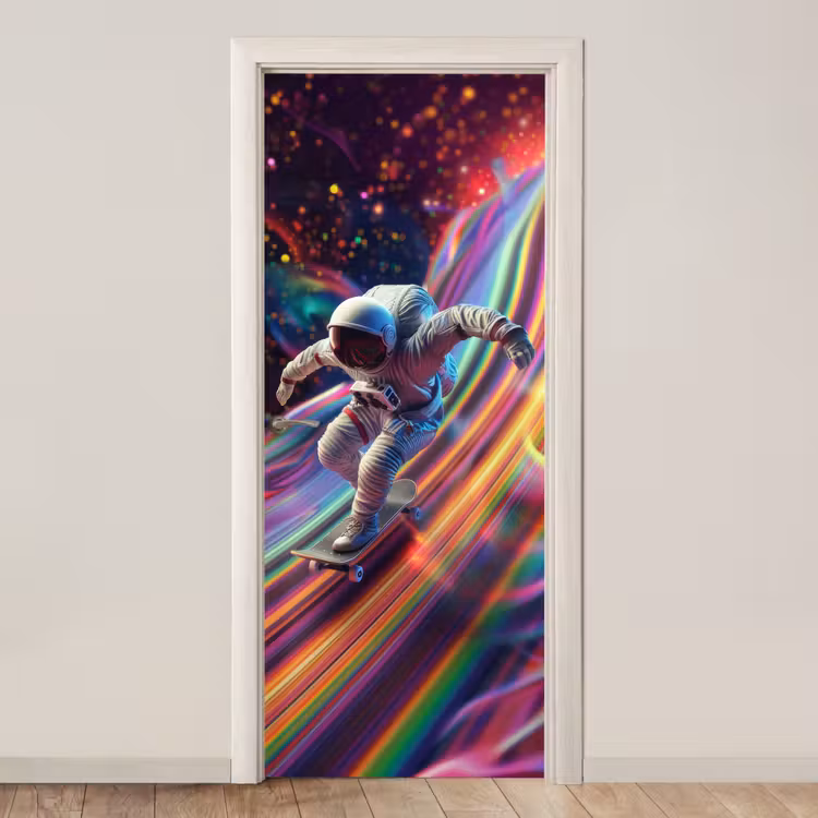 Astronaut - Ruimte - Skateboard - Kleurrijk deurposter klein -3d_beige