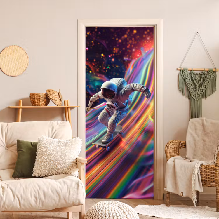 Astronaut - Ruimte - Skateboard - Kleurrijk deurposter klein -sfeer2