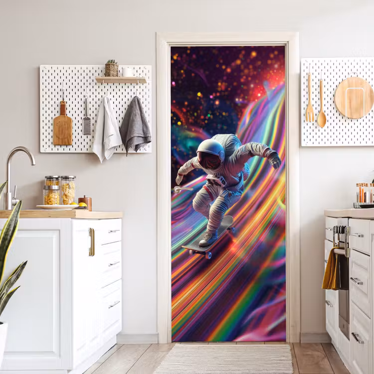 Astronaut - Ruimte - Skateboard - Kleurrijk deurposter klein -sfeer5